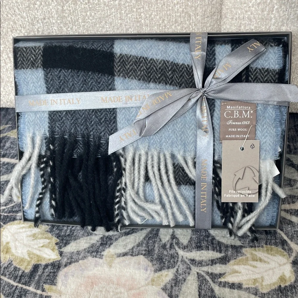 C.B.M. Made in Italy Wool Scarf - Blue & Black Plaid Scarf NWT
